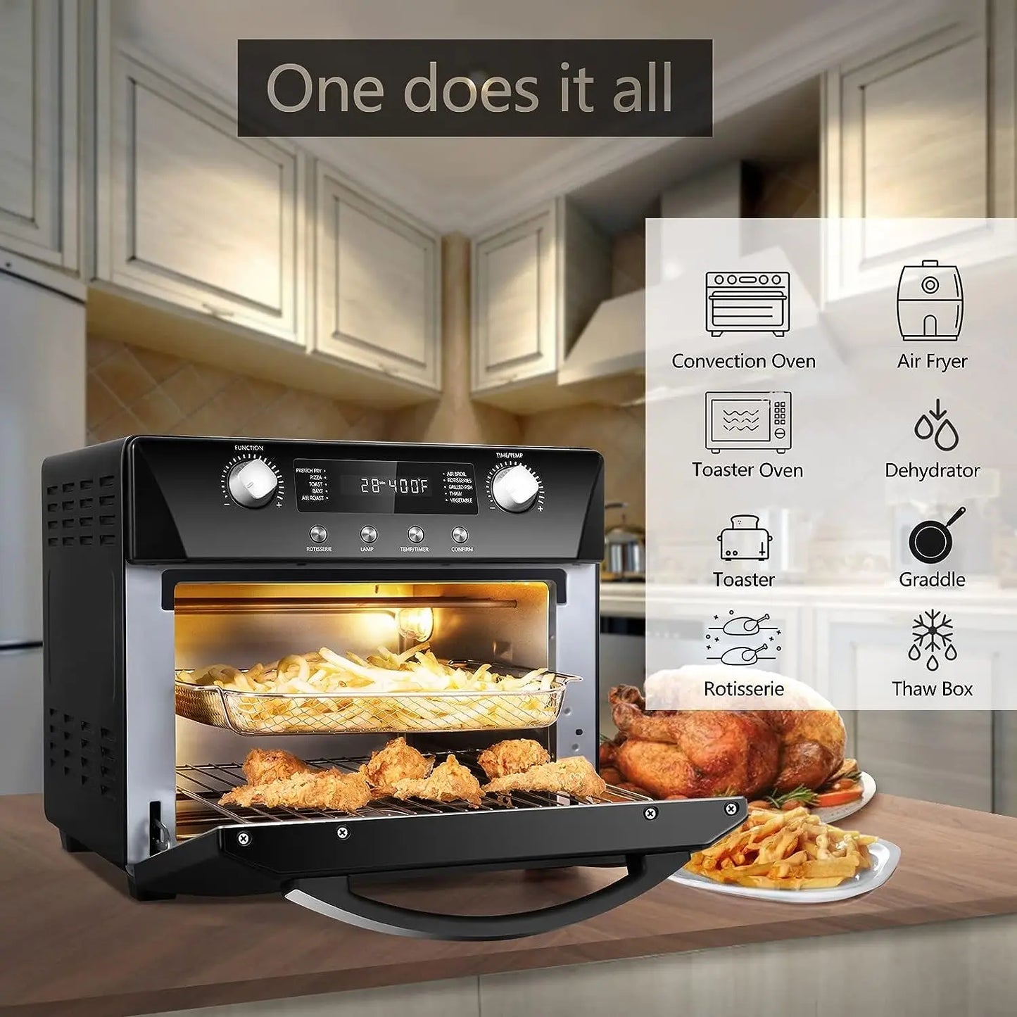 CUSIMAX Portable10-in-1 Convection Oven 24QT Air Fryer Combo, Countertop Air Fryer Toaster Oven with Rotisserie & Dehydrator