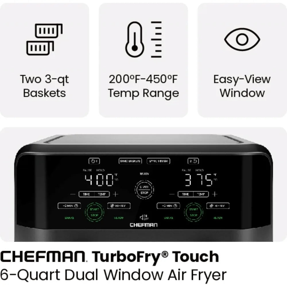 CHEFMAN 6 Quart Dual Basket Air Fryer Oven with Easy View Windows, Sync Finish, Hi-Fry