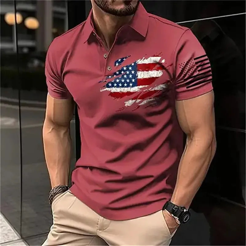 Vintage Men‘S Polo Shirt 3d Flag Of The United States Printed Men Clothing Loose Oversized Shirt Street Casual Short Sleeve Tops