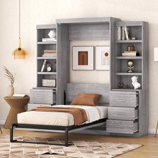 Murphy Bed,Folding Bed with Multiple Storage Shelves & Drawers,Folded into a cabinet,Space-saving