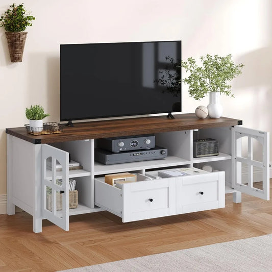 TV cabinet, TV table with storage drawers, suitable for up to 65 inches of TV, white and walnut wood