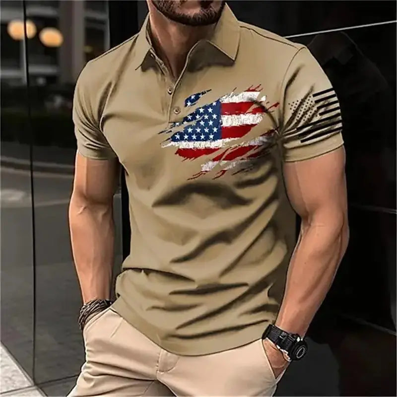 Vintage Men‘S Polo Shirt 3d Flag Of The United States Printed Men Clothing Loose Oversized Shirt Street Casual Short Sleeve Tops