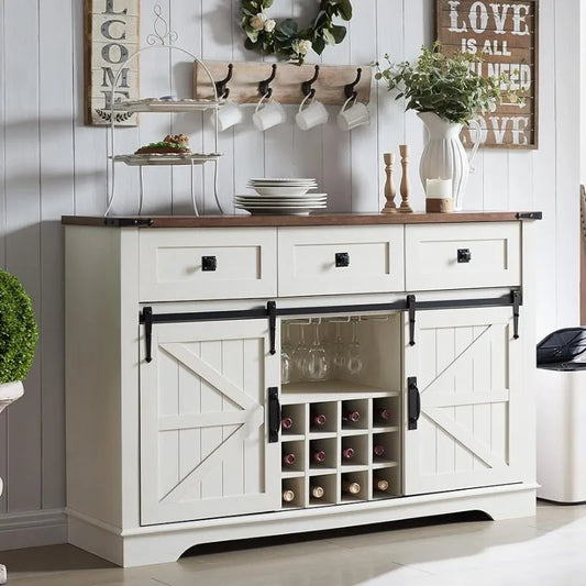 Farmhouse Buffet Cabinet with Storage, 54" Sideboard with 3 Drawers, Sliding Barn Door, Wine and Glass Rack, Storage Shelves