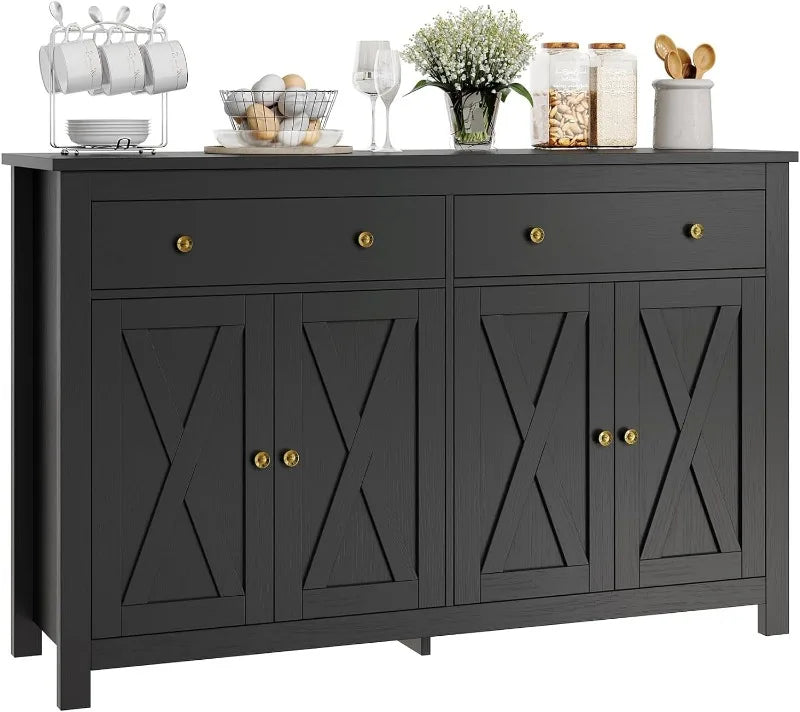 Sideboard Buffet Cabinet with Storage, 55" Large Kitchen Storage Cabinet with 2 Drawers and 4 Doors, Wood Coffee Bar Cabinet