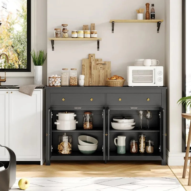 Sideboard Buffet Cabinet with Storage, 55" Large Kitchen Storage Cabinet with 2 Drawers and 4 Doors, Wood Coffee Bar Cabinet