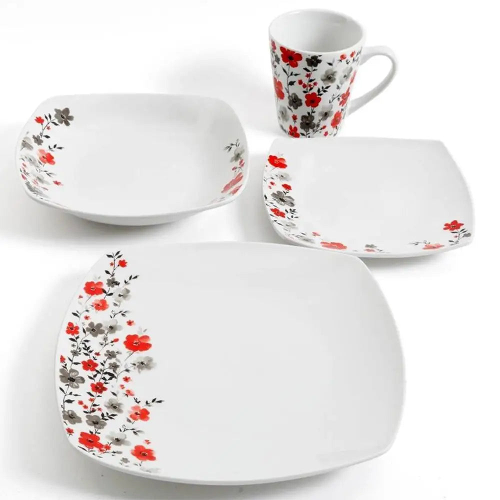 16pc Round Square Floral Fine Ceramic Dinnerware Set White Glossy Finish Microwave Dishwasher Safe incl. 4 Bowls Plates Mugs