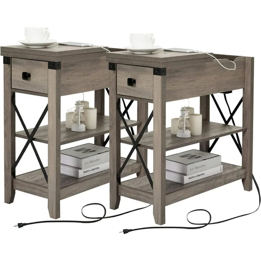 End Table W/Charging Station - Farmhouse Slim Side Table Set of 2,w/USB Ports Power Outlets,Nightstand W/Flip Top Storage Drawer