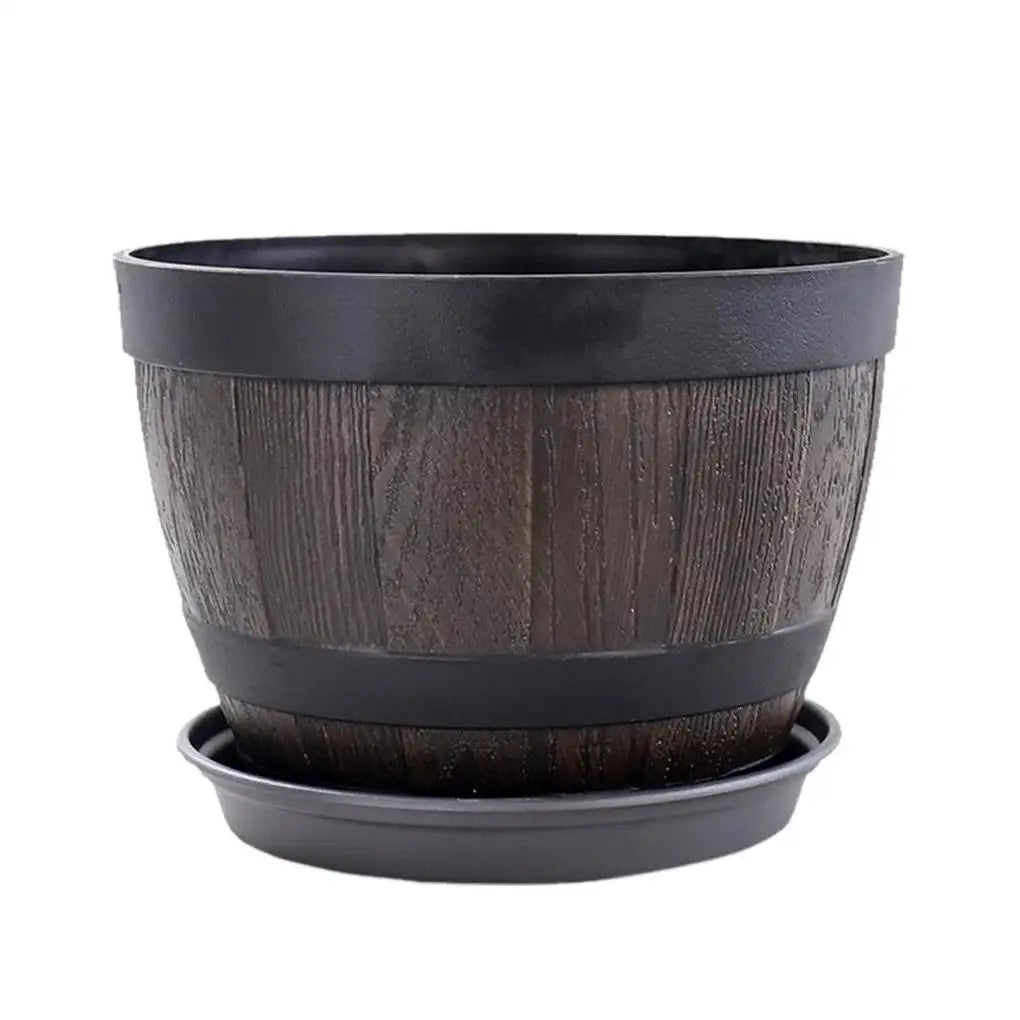 Simulation Wood Barrels 9 Inch Resin Flower Pot Vintage Style Bucket Shape Planter Home Decoration Outdoor Patio Farmhouse