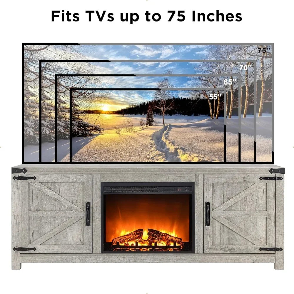 Fireplace TV Stand for 75 Inch TV, Farmhouse Barn Door Media Console, Entertainment Center with 23" Electric Fireplace Remote