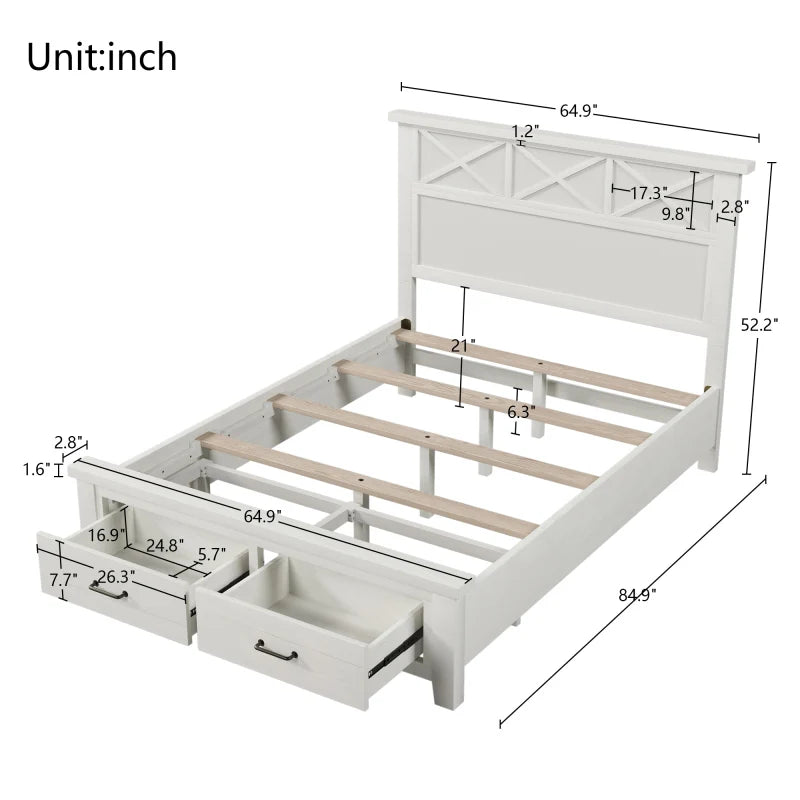 White Rustic Farmhouse Style 3 Pieces Bedroom Sets Queen Bed with 2 Drawers, Nightstand and dresser,for indoor bedroom furniture