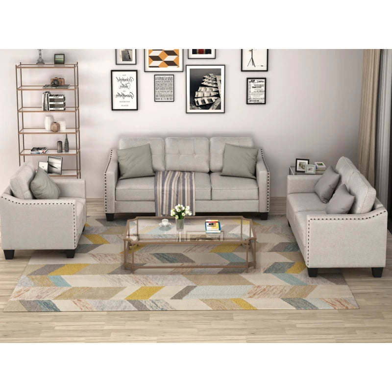 3 Piece Living Room Set, 1 Sofa, 1 Loveseat and 1 Armchair with Rivet on arm Tufted Back Cushions