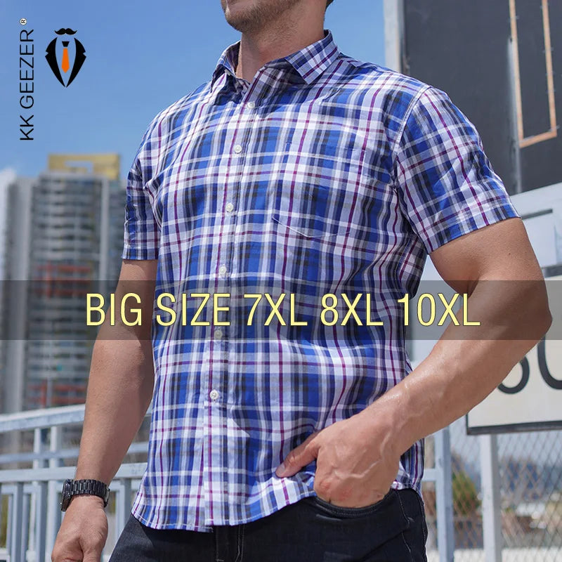 Summer Men Shirt Plaid Cotton  Short Sleeve Plus Size 6XL 7XL 8XL 10XL Blue 2024 Oversize Formal Casual Designer High Quality