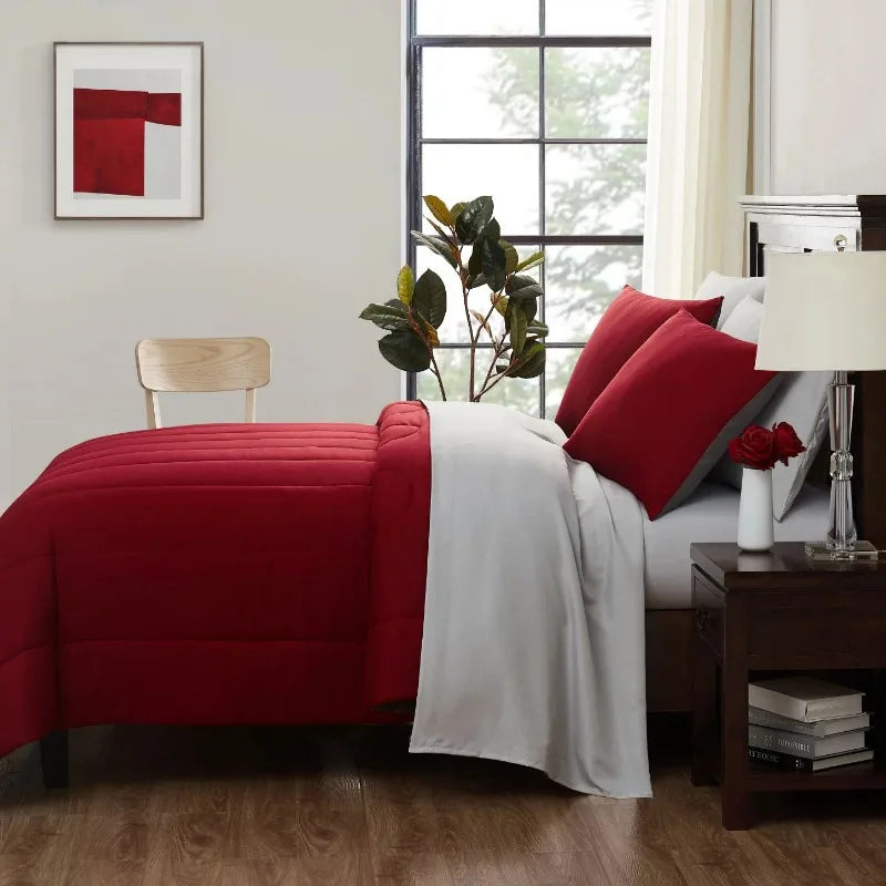 7-Piece Red Solid Bed in a Bag, Queen