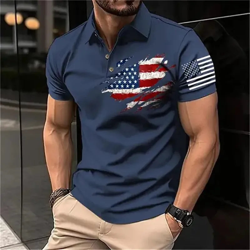 Vintage Men‘S Polo Shirt 3d Flag Of The United States Printed Men Clothing Loose Oversized Shirt Street Casual Short Sleeve Tops