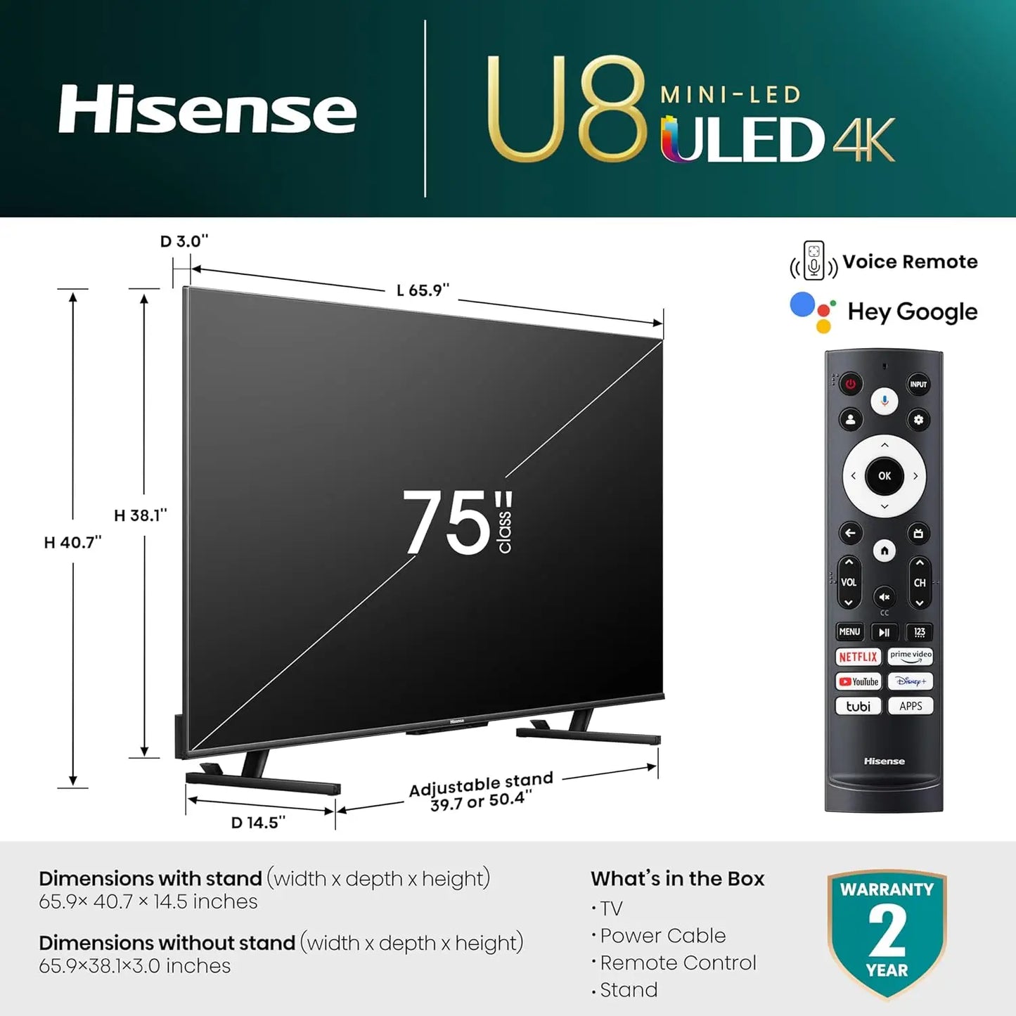 75-Inch Class U8 Series Mini-LED ULED 4K UHD Google Smart TV (75U8K) - QLED, 480 Motion Rate, 144Hz Game