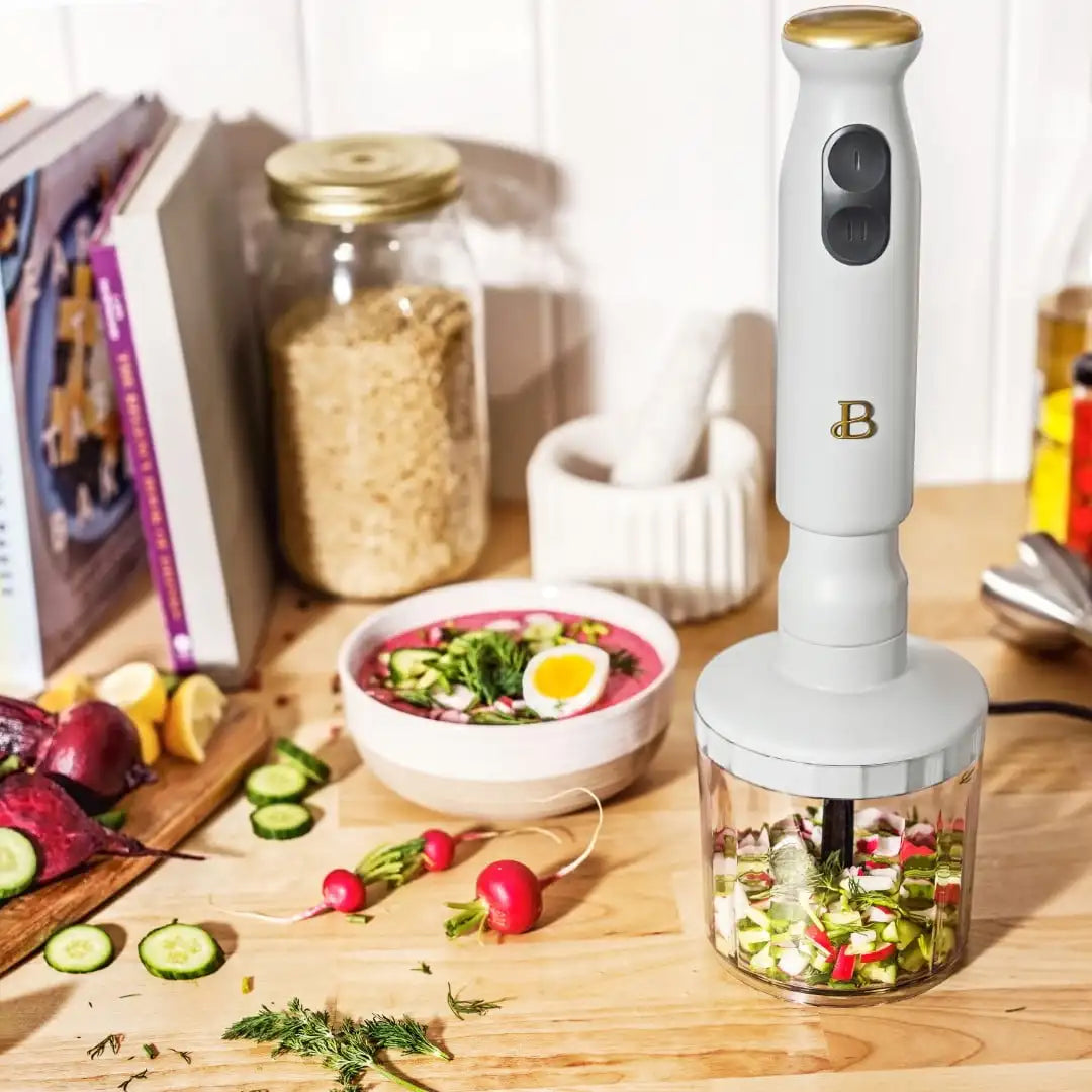 Beautiful 2-Speed Immersion Blender with Chopper & Measuring Cup, White Icing by Drew Barrymore