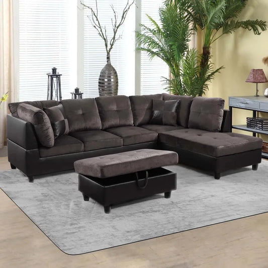 Sectional Sofa, 3 Piece Living Room Couch with Storage Ottoman, Right Facing Chaise, Espresso