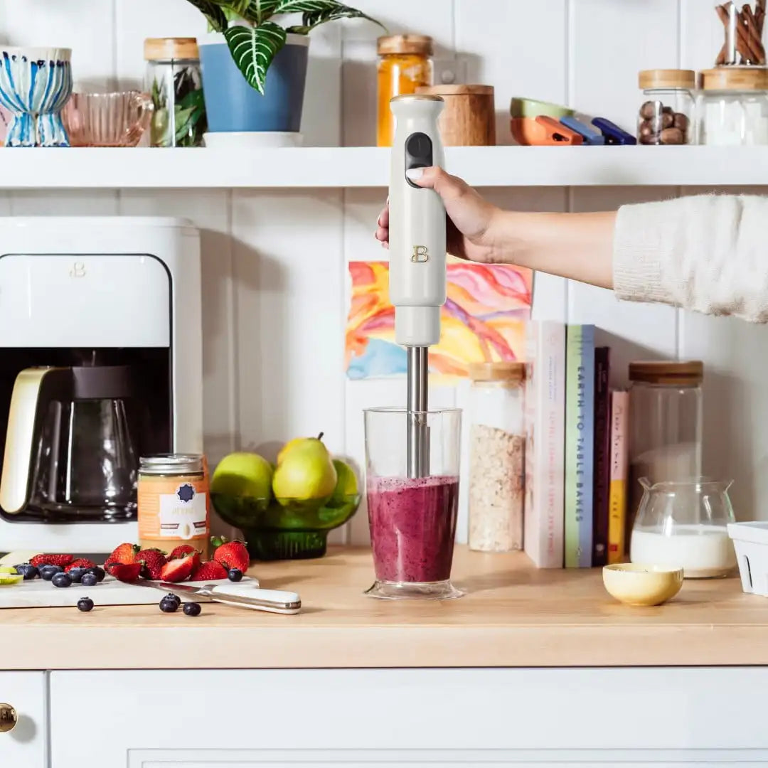 Beautiful 2-Speed Immersion Blender with Chopper & Measuring Cup, White Icing by Drew Barrymore