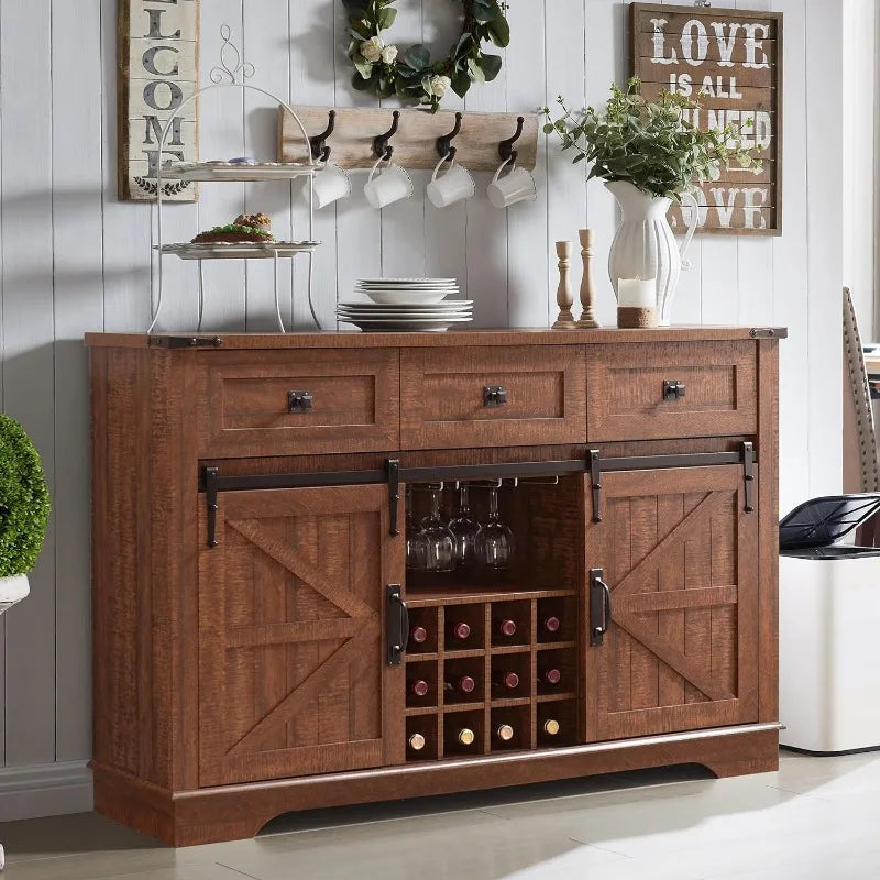 Farmhouse Buffet Cabinet with Storage, 54" Sideboard with 3 Drawers, Sliding Barn Door, Wine and Glass Rack, Storage Shelves