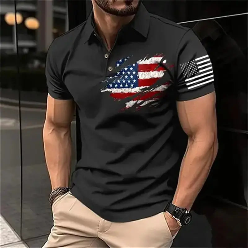 Vintage Men‘S Polo Shirt 3d Flag Of The United States Printed Men Clothing Loose Oversized Shirt Street Casual Short Sleeve Tops