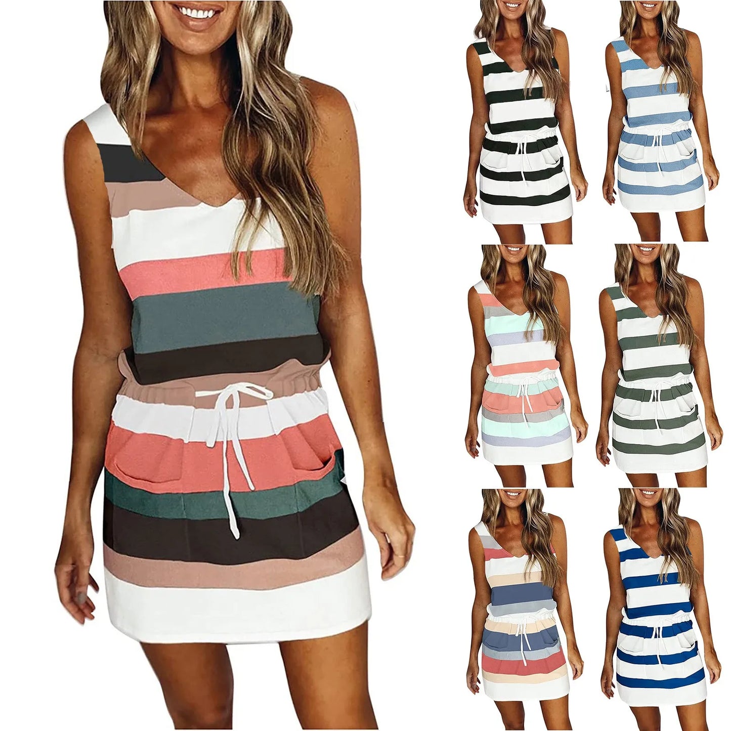 Women's Fashion Summer Loose Casual Fashionably diverse Striped Printed Vest Pocket Dress