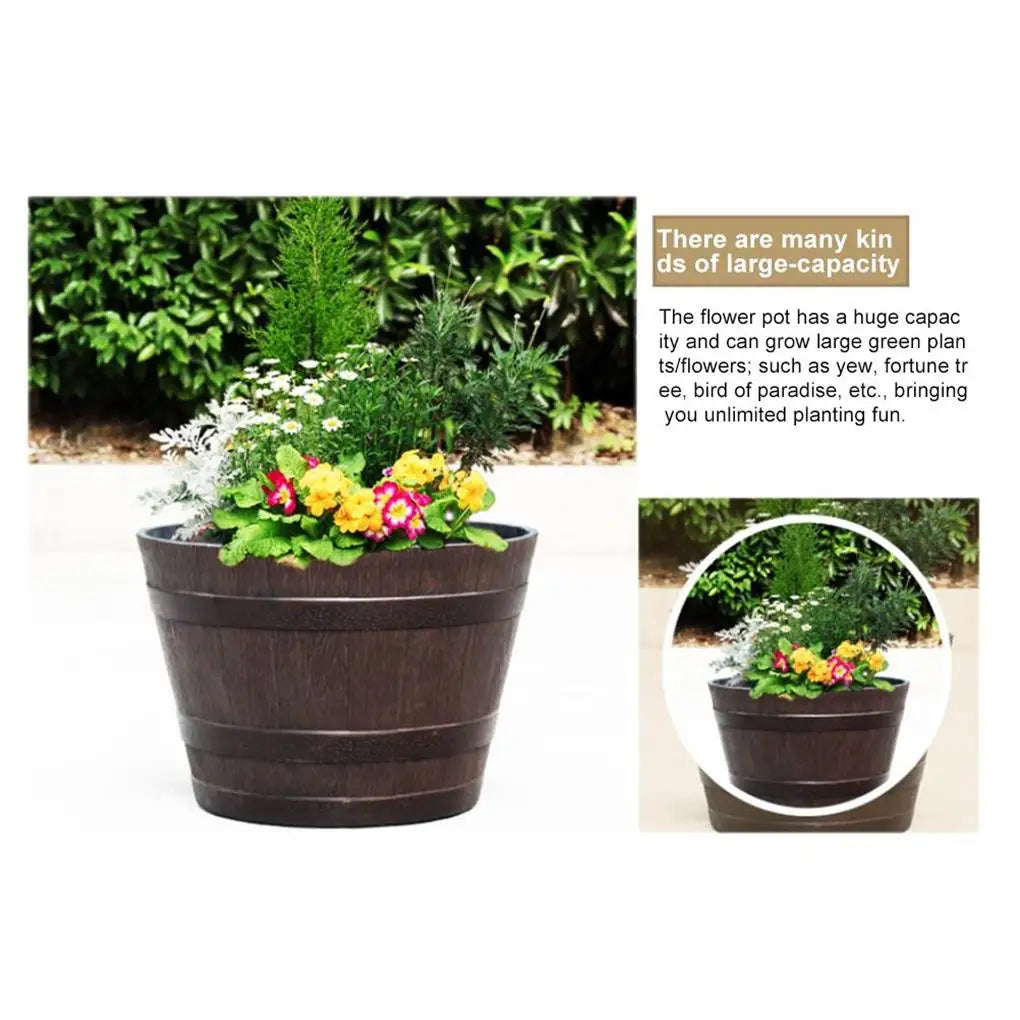 Simulation Wood Barrels 9 Inch Resin Flower Pot Vintage Style Bucket Shape Planter Home Decoration Outdoor Patio Farmhouse