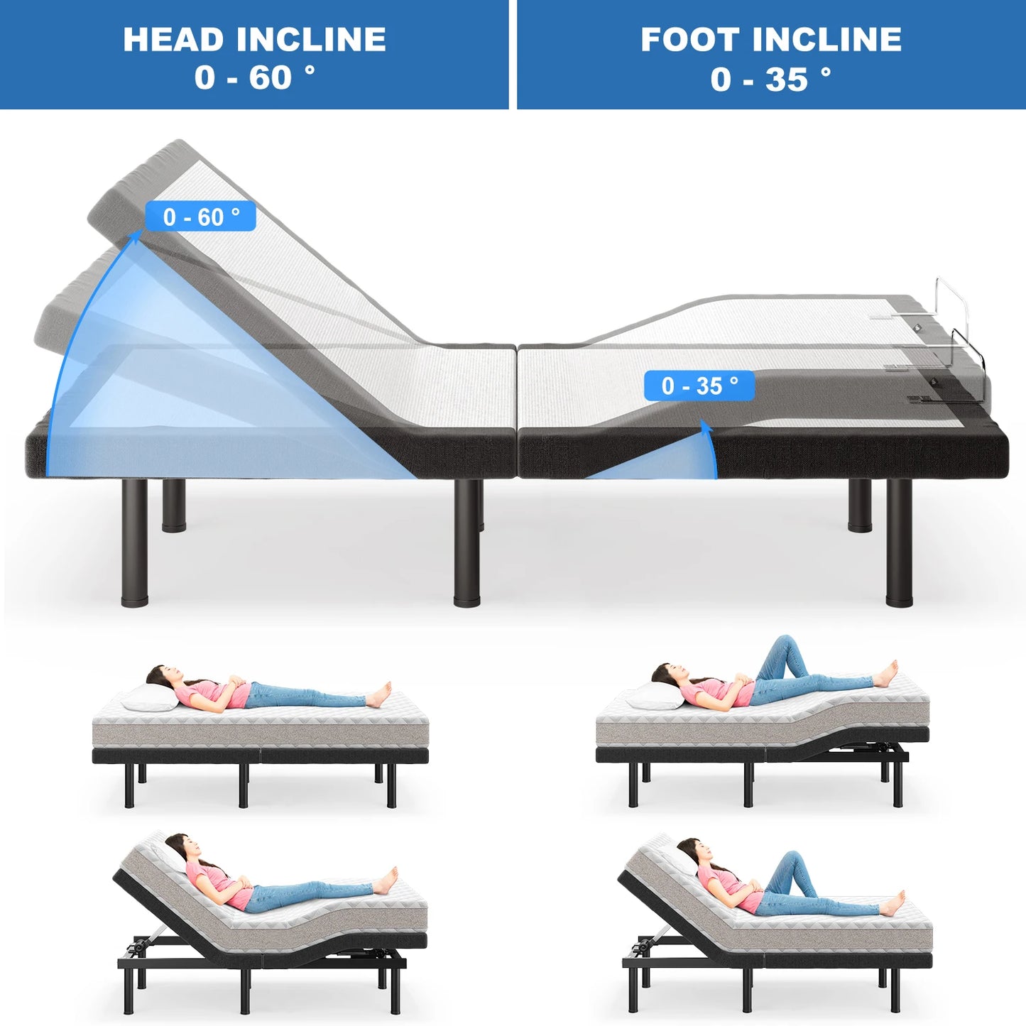 TXL Queen King Size Adjustable Bed Base Frame for Stress Management with Massage, Remote Control