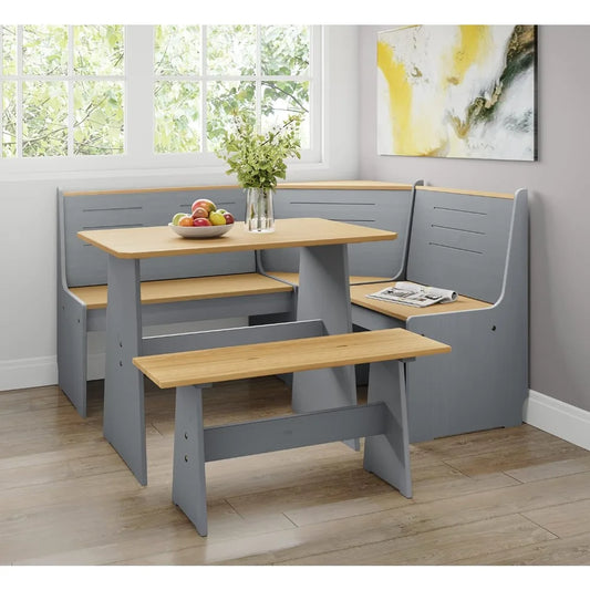 Chapman 2 Tone Natural/Grey Solid Wood Corner Dining Set, Reversible Breakfast Nook