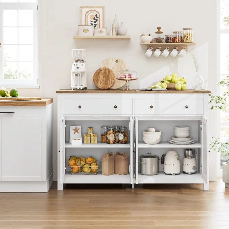 Sideboard Buffet Cabinet with Storage, 55" Large Kitchen Storage Cabinet with 2 Drawers and 4 Doors, Wood Coffee Bar Cabinet