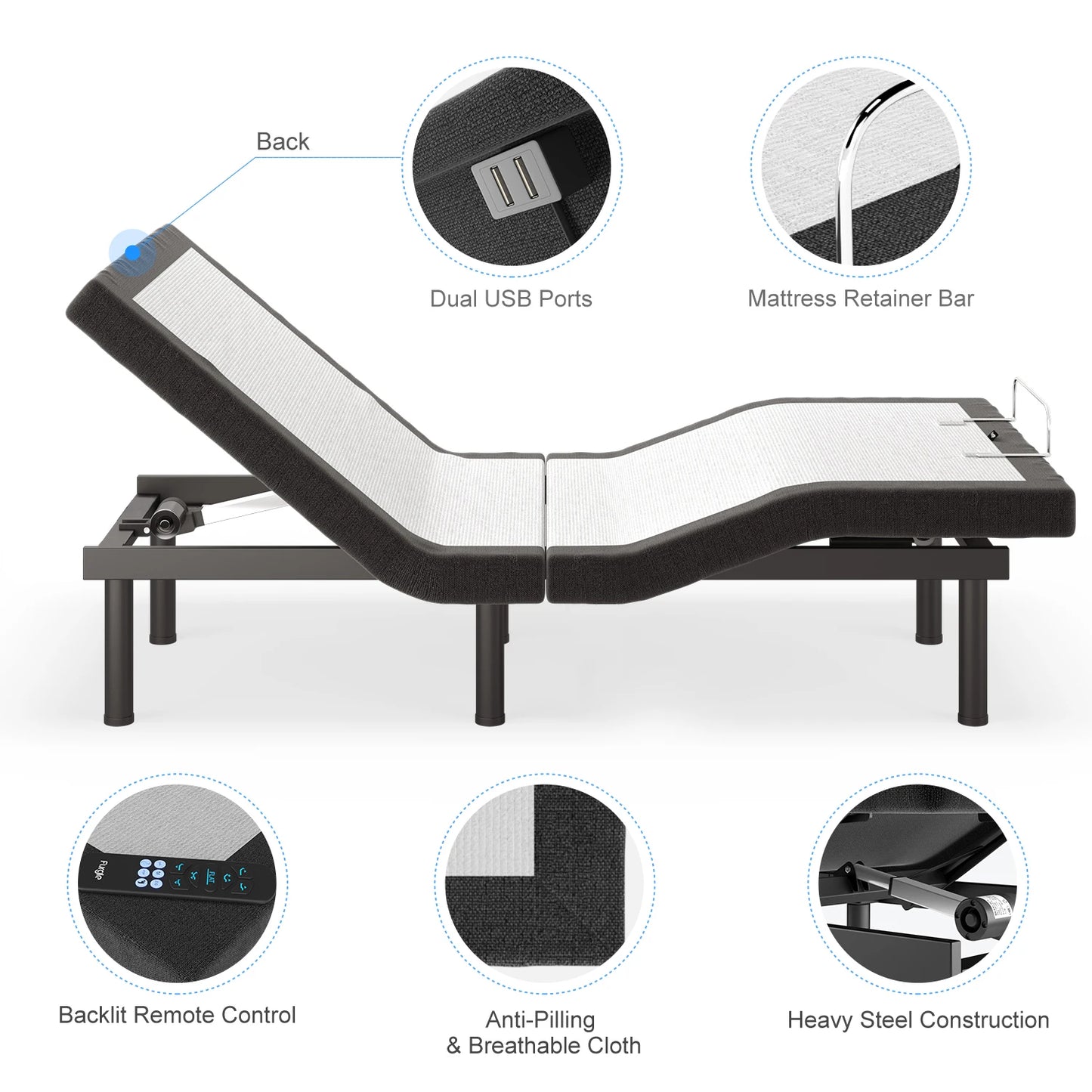 TXL Queen King Size Adjustable Bed Base Frame for Stress Management with Massage, Remote Control