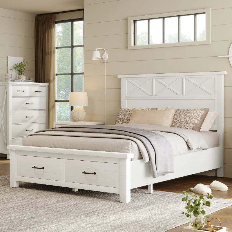 White Rustic Farmhouse Style 3 Pieces Bedroom Sets Queen Bed with 2 Drawers, Nightstand and dresser,for indoor bedroom furniture