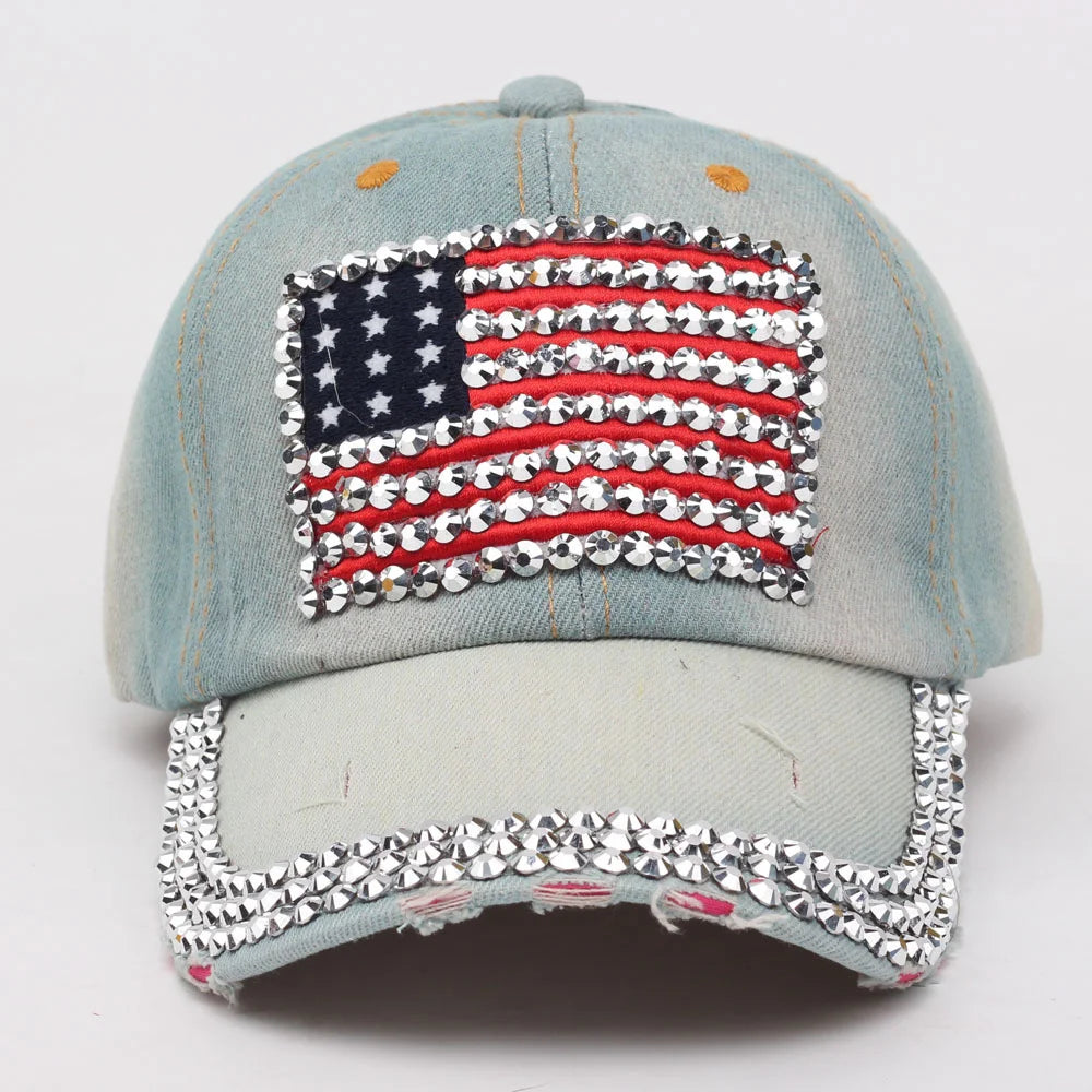 High Quality Baseball Cap Women Men Jean USA Flag Diamond Set Snapback Caps Hats Sun Dad Hat Cowboy Adjustable Casquette Gorras