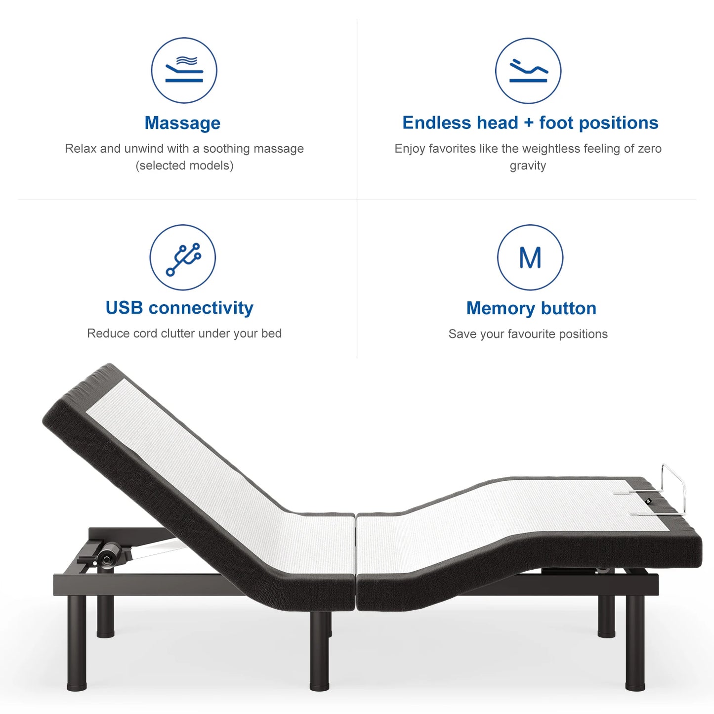 TXL Queen King Size Adjustable Bed Base Frame for Stress Management with Massage, Remote Control