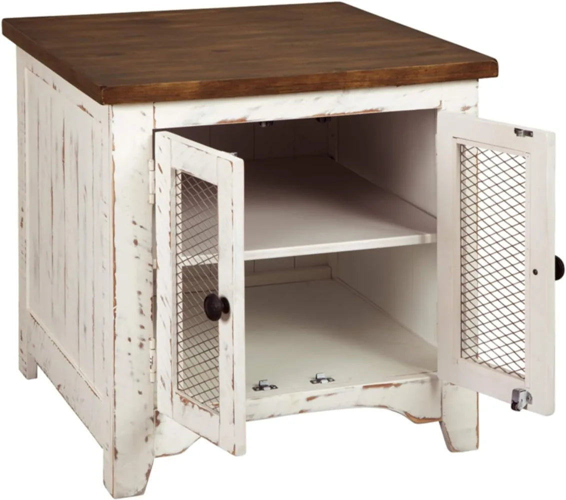 Signature Design by Ashley Wystfield Farmhouse End Table with Storage, Distressed White & Brown Finish