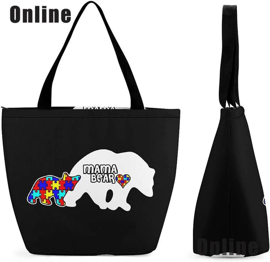 Funny Mama Bear Autism Awareness Large Tote Bag Fashion Beach Handbags Reusable Eco-Friendly Grocery Shopping Bag