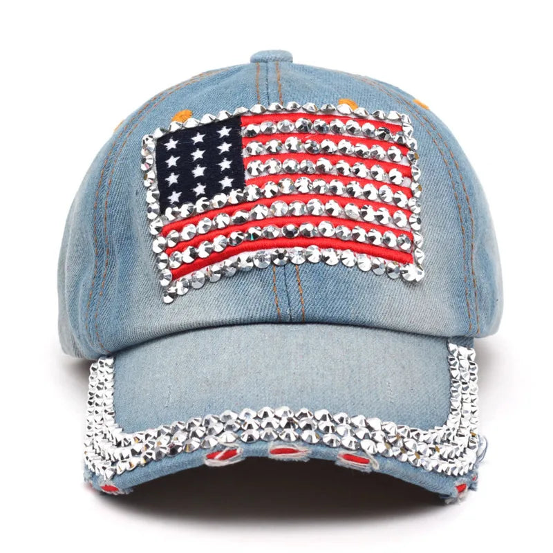 High Quality Baseball Cap Women Men Jean USA Flag Diamond Set Snapback Caps Hats Sun Dad Hat Cowboy Adjustable Casquette Gorras