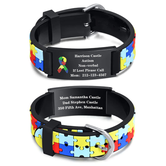 Custom Autism ID Bracelets Parents Gift To Son, Colorful Puzzle Silicon Bracelet for Kid Baby Free Engraving