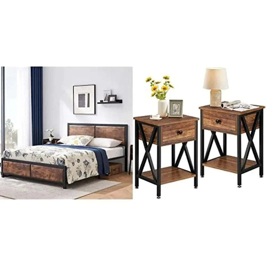 Furniture, Queen Platform Bed Frame, Rustic Headboard, 2 Nightstands