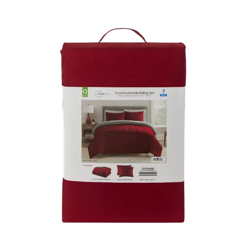 7-Piece Red Solid Bed in a Bag, Queen