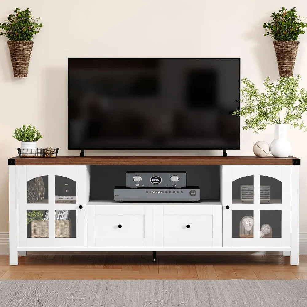 TV cabinet, TV table with storage drawers, suitable for up to 65 inches of TV, white and walnut wood