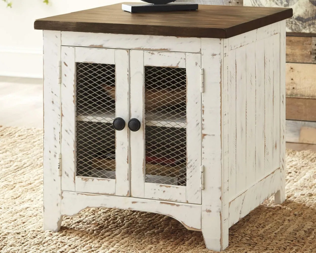 Signature Design by Ashley Wystfield Farmhouse End Table with Storage, Distressed White & Brown Finish