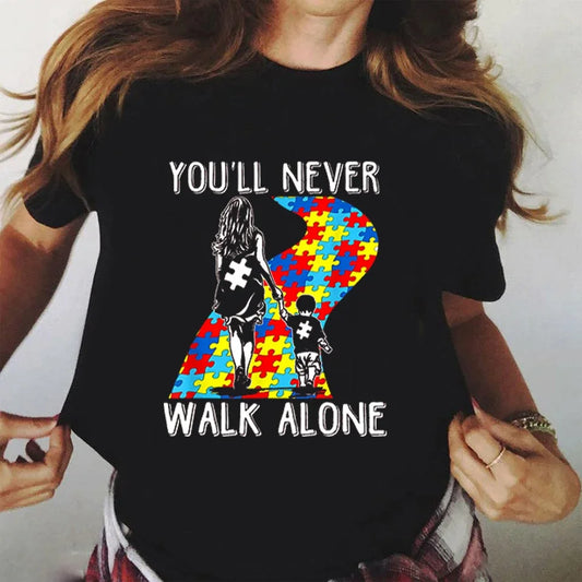 You'll Never Walk Alone Letter Puzzle Piece T-shirt Women Graphic Tee Kindness Shirt Aesthetic Summer Autism Awareness Tops Tee