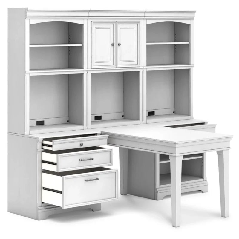 Whitewash Traditional Bookcase  home office desk, drawer base, bookcase base, door hutch and 2 bookcase