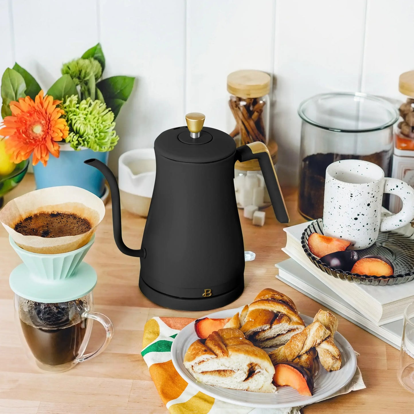 Beautiful 1.0L Electric Gooseneck Kettle, Black Sesame by Drew Barrymore