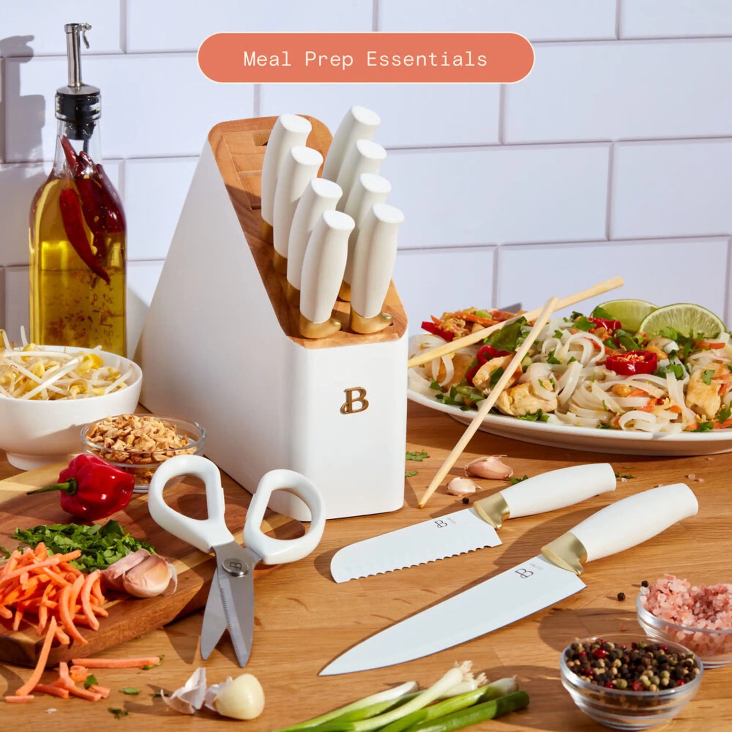 Beautiful 12 Piece Knife Block Set with Soft-Grip Ergonomic Handles White and Gold by Drew Barrymore