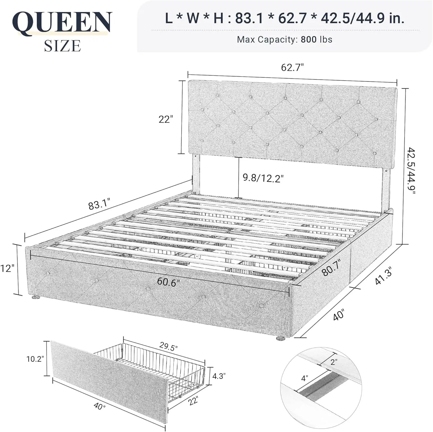 Allewie-Upholstered Queen Size Platform Bed Frame, 4 Storage Drawers and Headboard, Diamond Stitched Button, Tufted Mattress