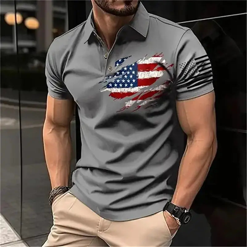 Vintage Men‘S Polo Shirt 3d Flag Of The United States Printed Men Clothing Loose Oversized Shirt Street Casual Short Sleeve Tops