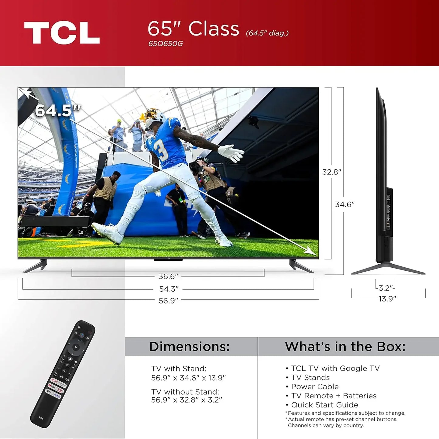 TCL 65-Inch Q6 QLED 4K Smart TV with Google (65Q650G, 2023 Model) Dolby Vision, Atmos, HDR Pro , Game Accelerator Enhanced Gamin