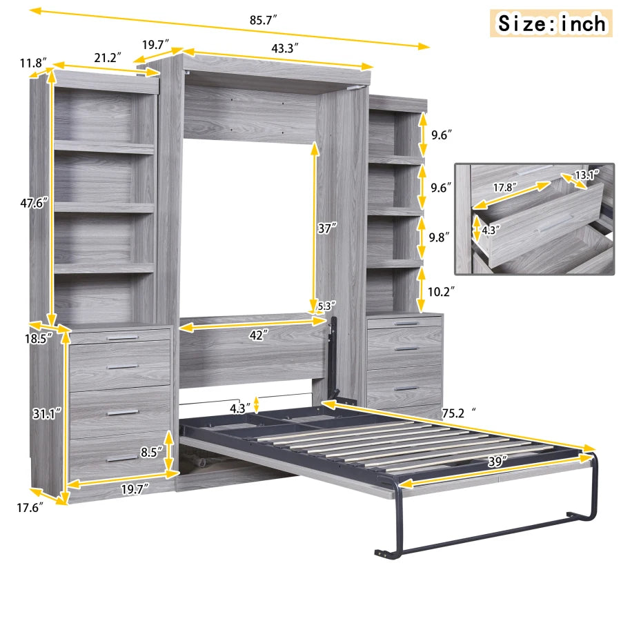 Murphy Bed,Folding Bed with Multiple Storage Shelves & Drawers,Folded into a cabinet,Space-saving