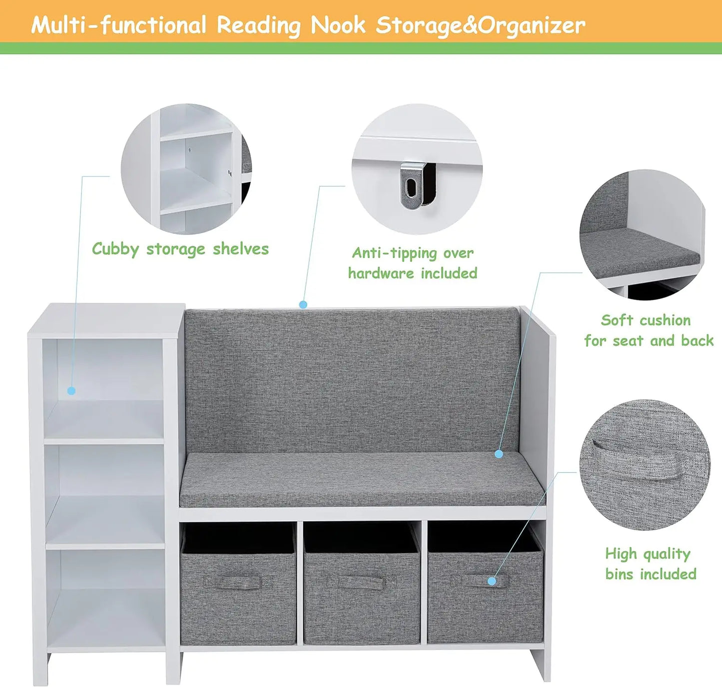 Kids Bookcase with Reading Nook, 6-Cubby Kids Toy Storage Organizer with Bins, Kids Bookshelf and Storage for Boys and Girl